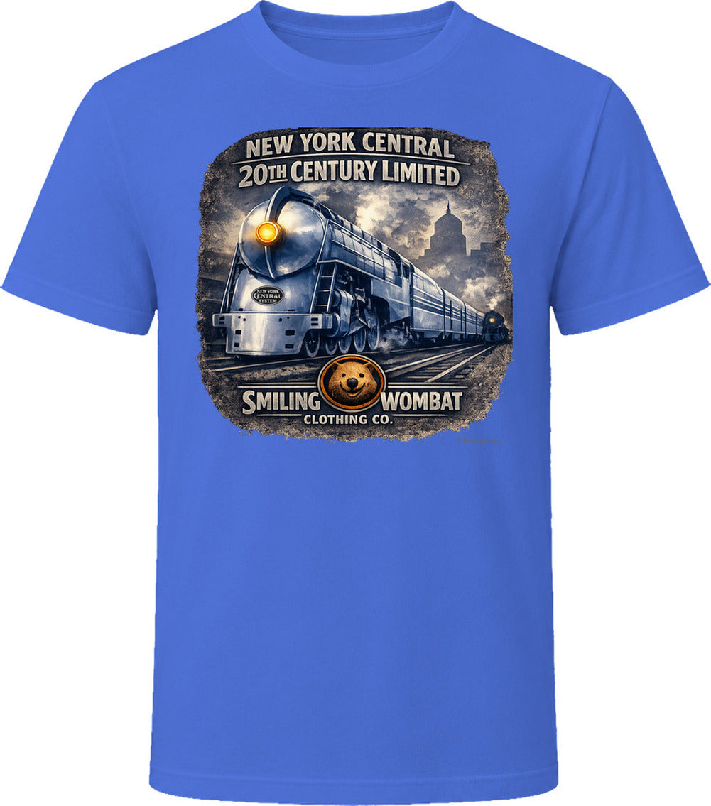 New York Central 20th Century Limited royal blue graphic tee steam locomotive design