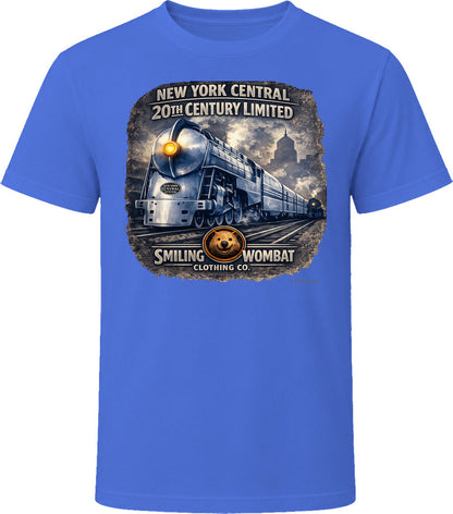 New York Central 20th Century Limited royal blue graphic tee steam locomotive design