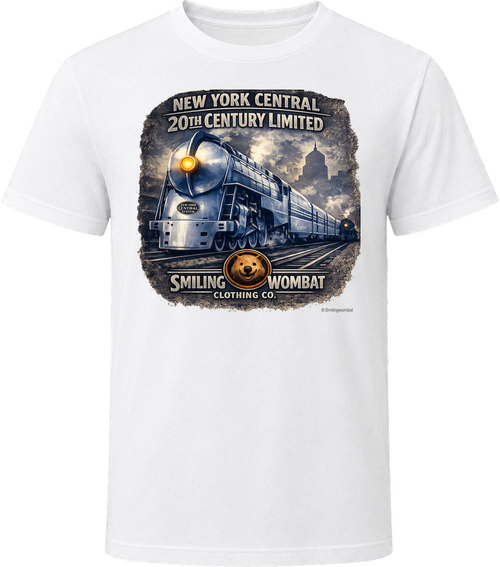 New York Central 20th Century Limited white t-shirt featuring distressed retro train art