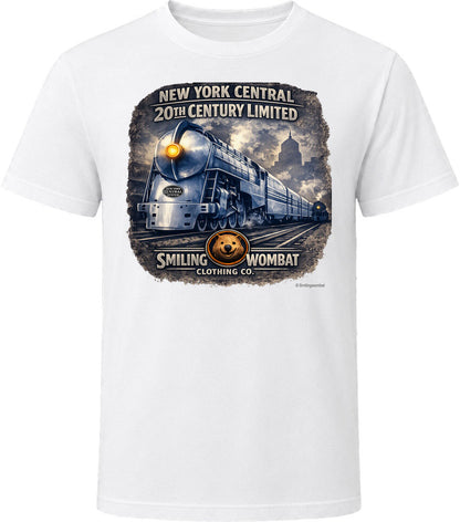 New York Central 20th Century Limited white t-shirt featuring distressed retro train art