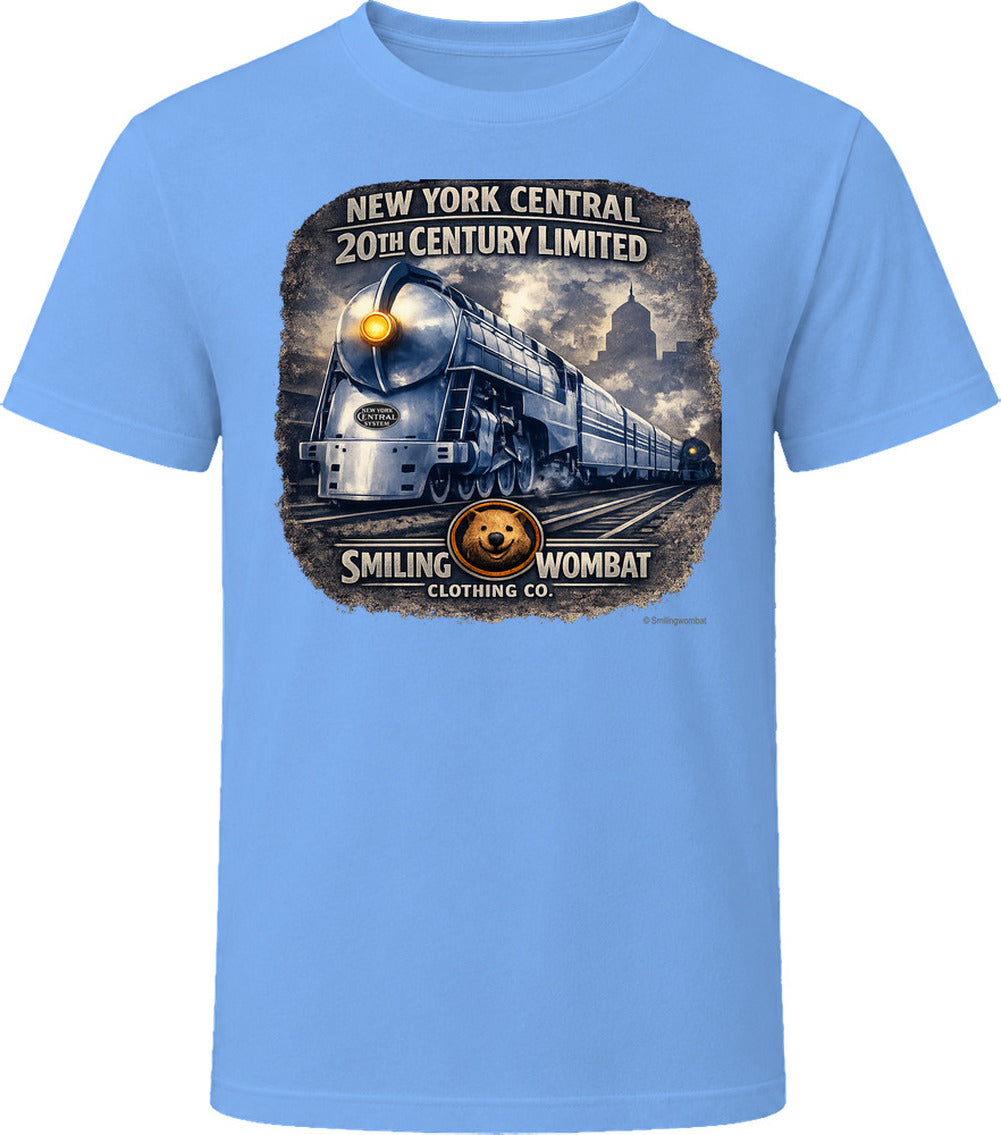 20th Century Limited light blue t-shirt vintage railroad art Smiling Wombat Clothing Co