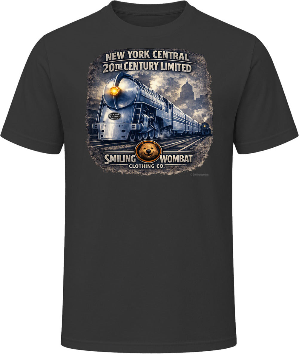 New York Central 20th Century Limited black t-shirt with vintage steam locomotive graphic by Smiling Wombat