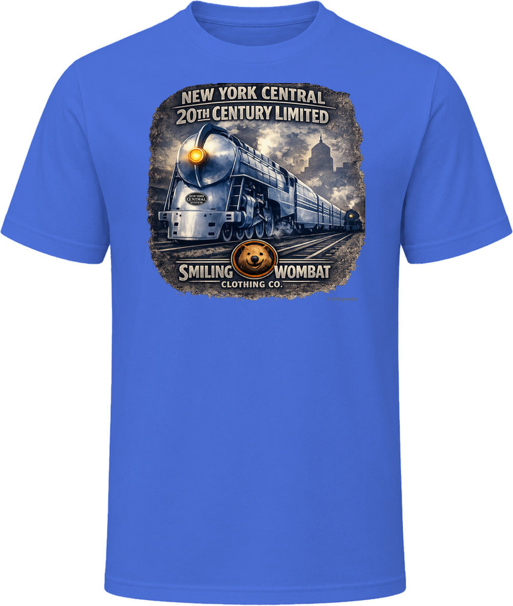 New York Central 20th Century Limited royal blue graphic tee steam locomotive design