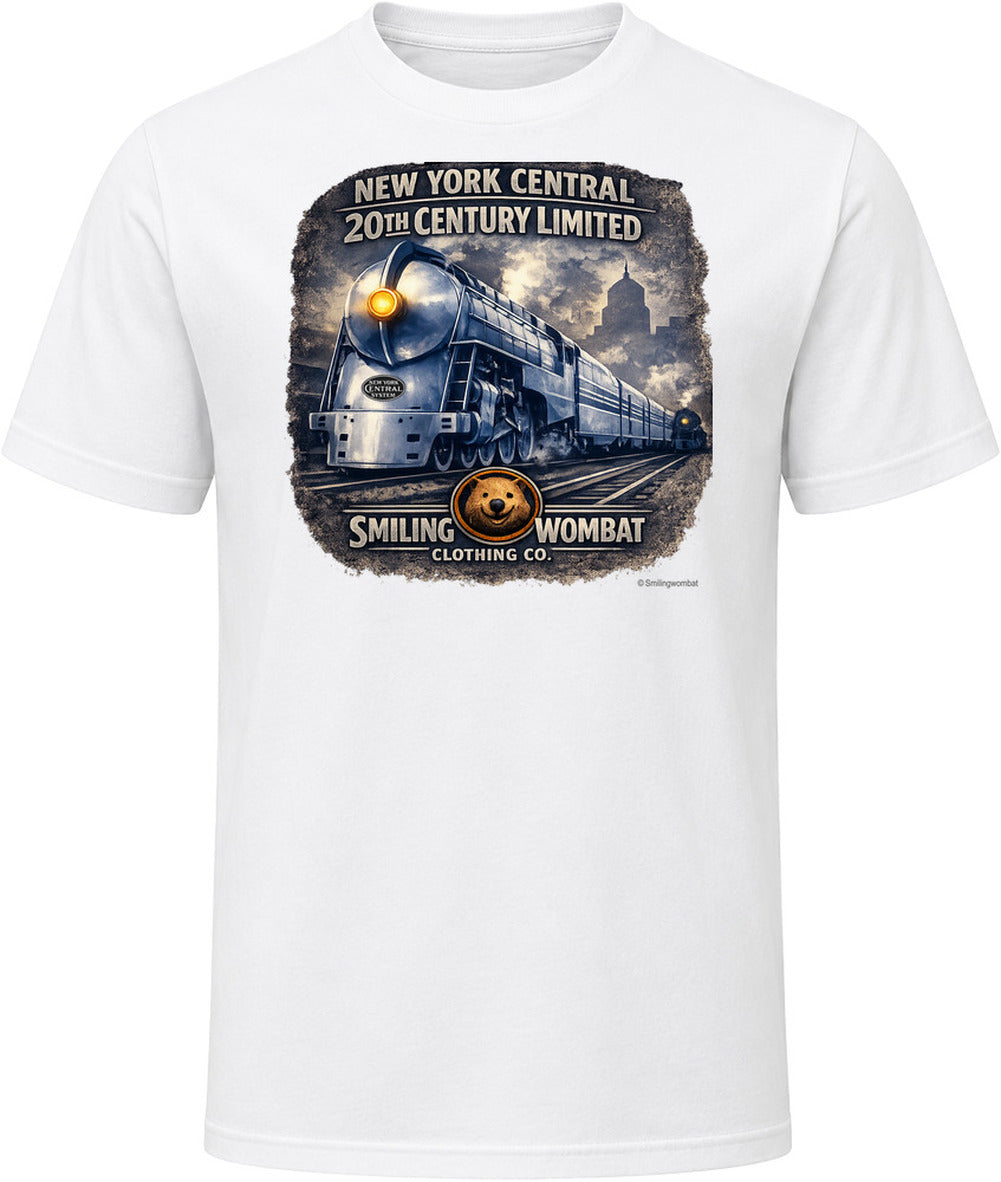 New York Central 20th Century Limited white t-shirt featuring distressed retro train art