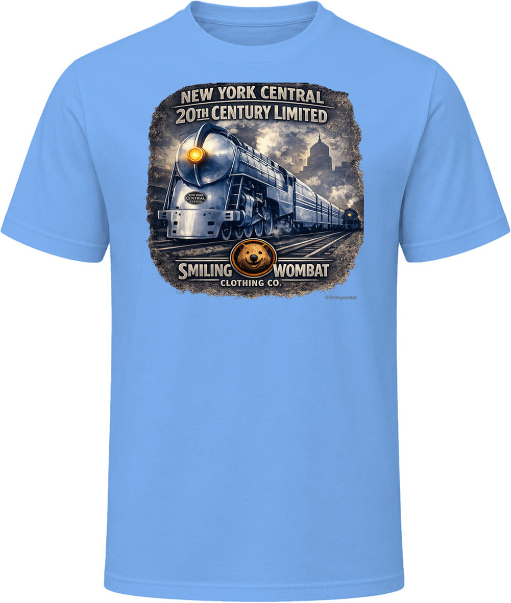 20th Century Limited light blue t-shirt vintage railroad art Smiling Wombat Clothing Co