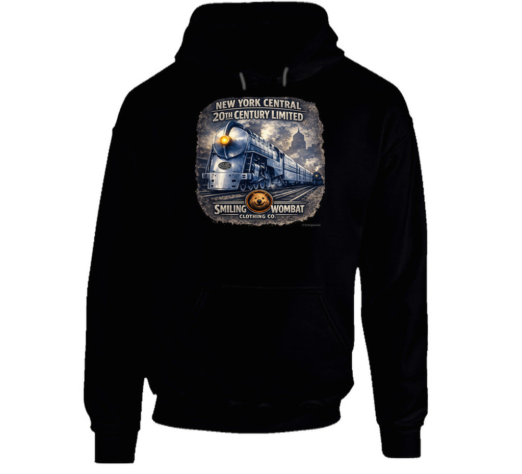 New York Central 20th Century Limited black hoodie with vintage steam locomotive graphic by Smiling Wombat