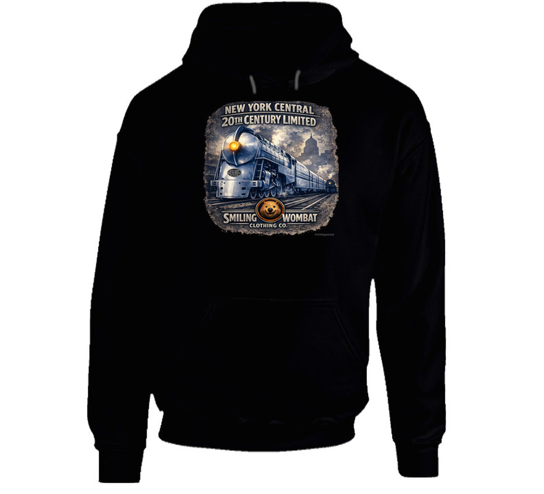 New York Central 20th Century Limited black hoodie with vintage steam locomotive graphic by Smiling Wombat