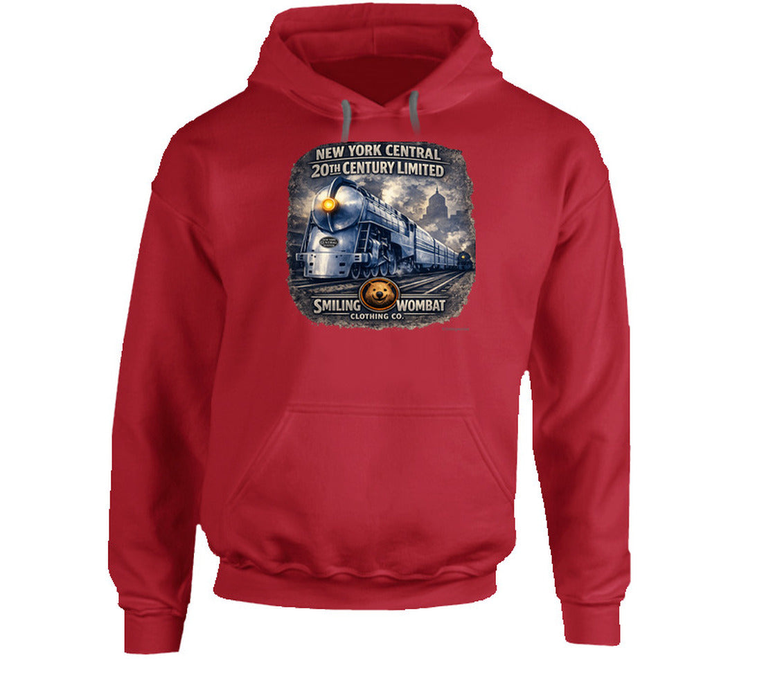 20th Century Limited red graphic hoodie with vintage New York Central railroad design