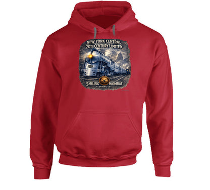 20th Century Limited red graphic hoodie with vintage New York Central railroad design