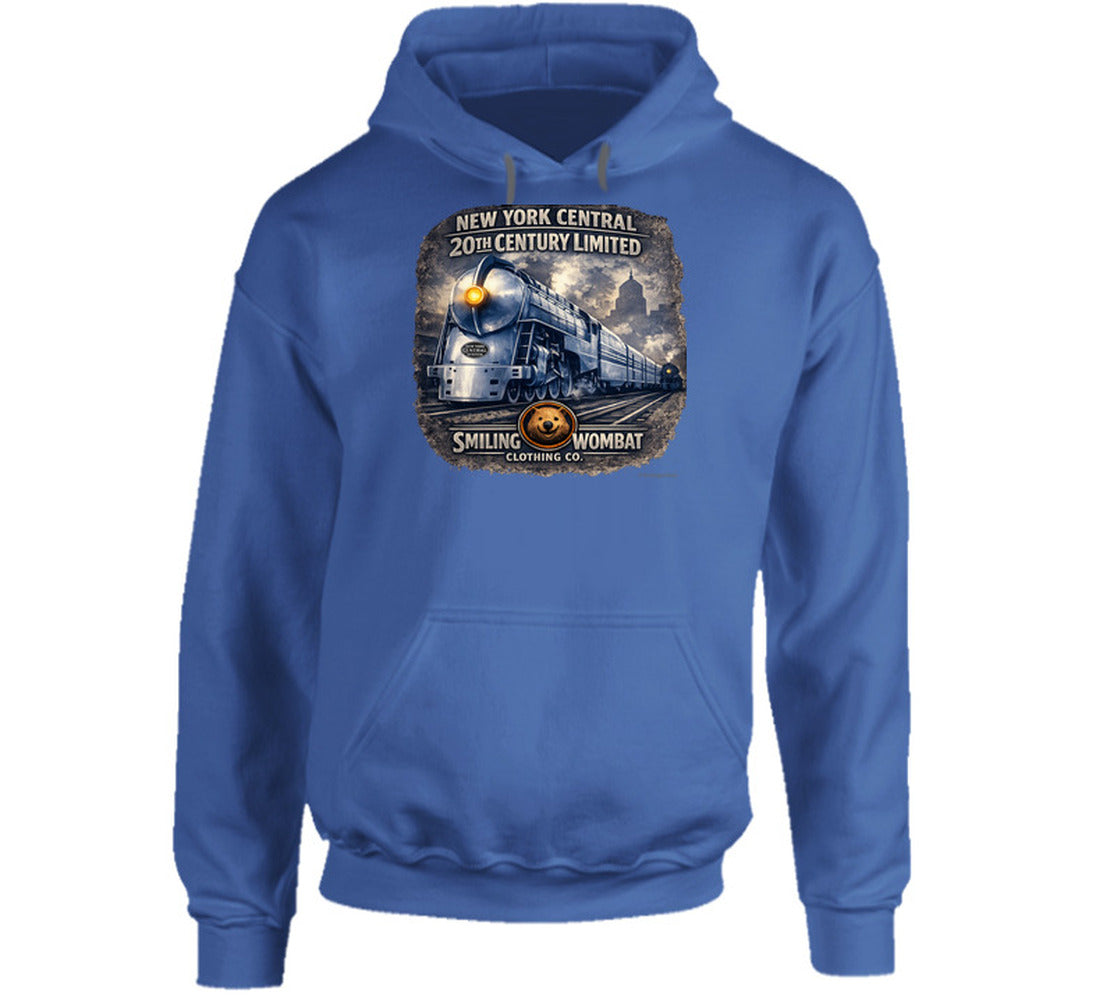 New York Central 20th Century Limited royal blue graphic hoodie steam locomotive design