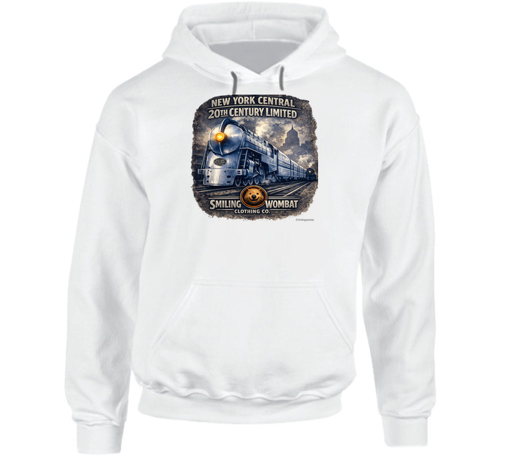New York Central 20th Century Limited white hoodie featuring distressed retro train art