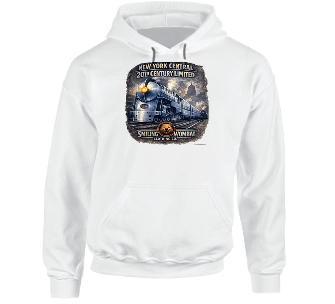 New York Central 20th Century Limited white hoodie featuring distressed retro train art