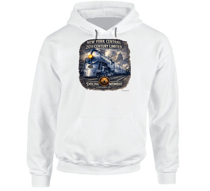 New York Central 20th Century Limited white hoodie featuring distressed retro train art