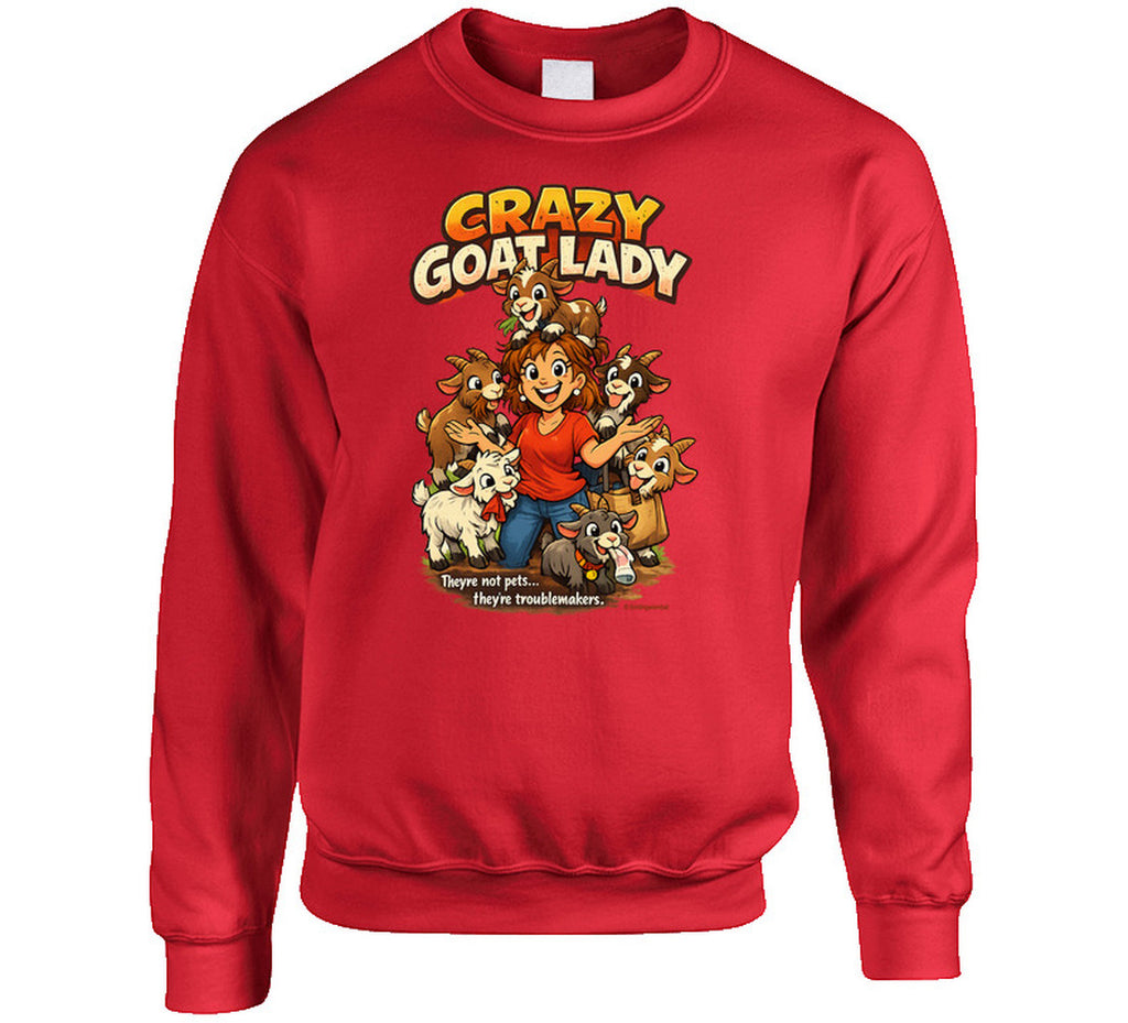 Red Crazy Goat Lady sweatshirt featuring a cartoon woman surrounded by six mischievous goats.