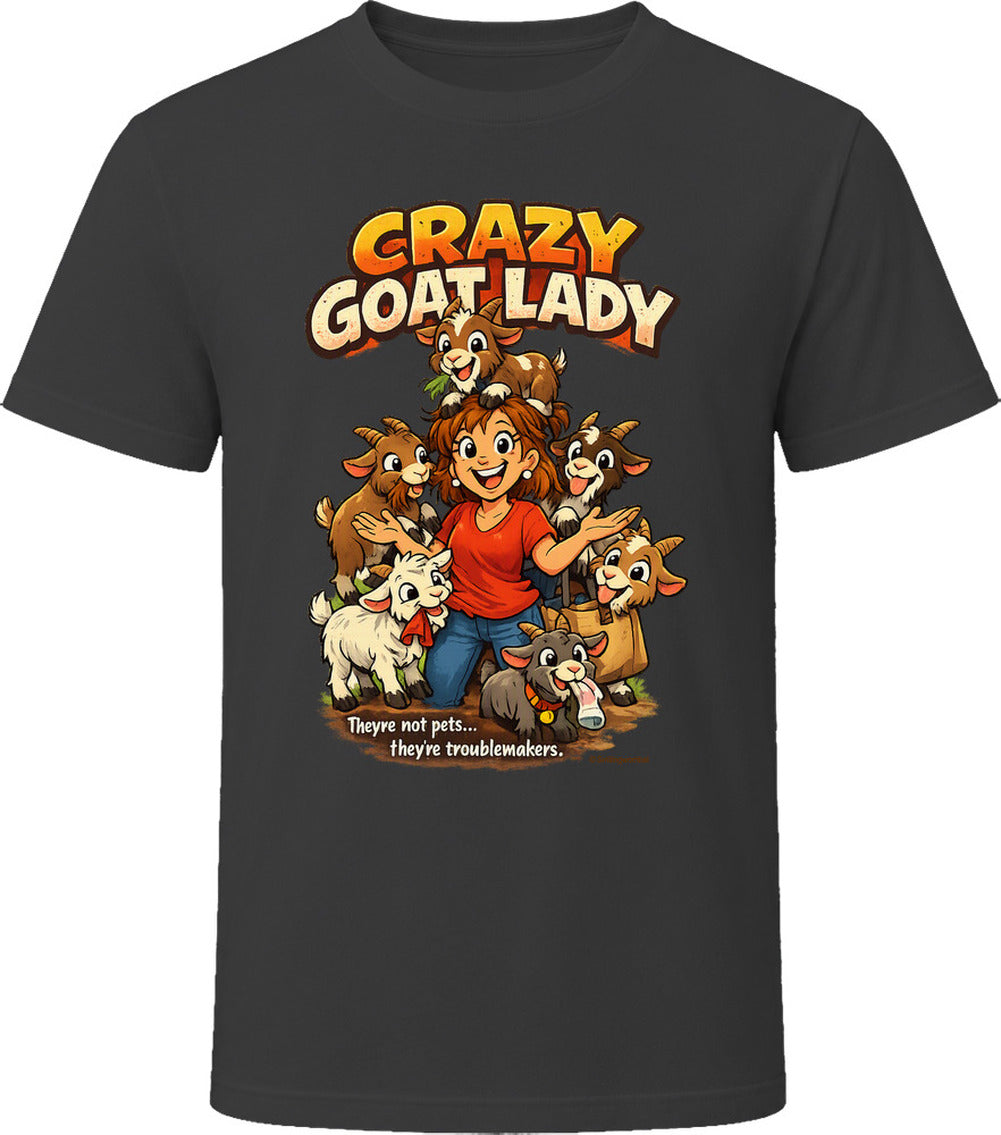  Black Crazy Goat Lady T-shirt featuring a cartoon woman surrounded by six mischievous goats.
