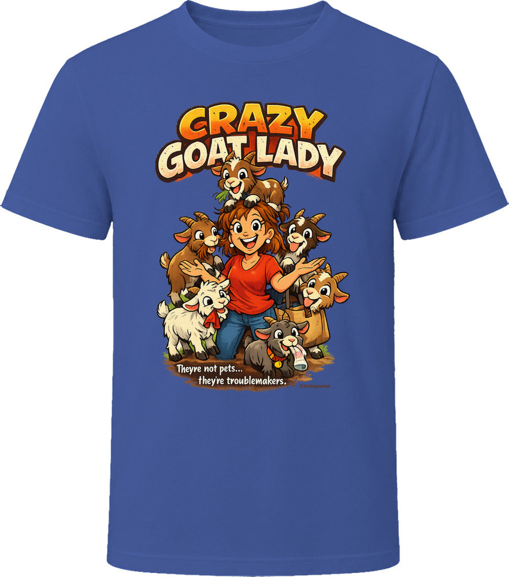 Navy Crazy Goat Lady T-shirt featuring a cartoon woman surrounded by six mischievous goats.
