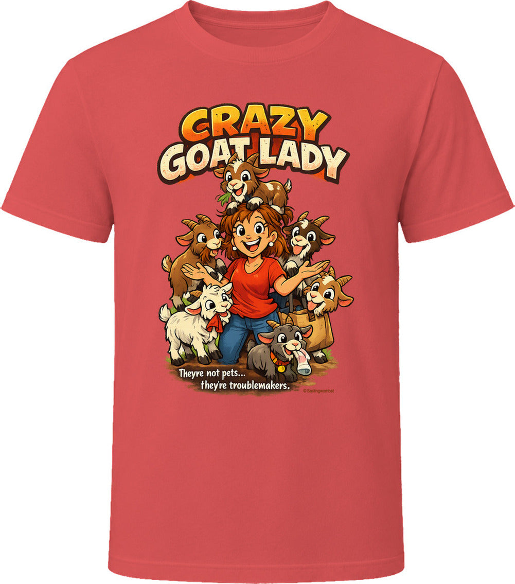 Red Crazy Goat Lady T-shirt featuring a cartoon woman surrounded by six mischievous goats.