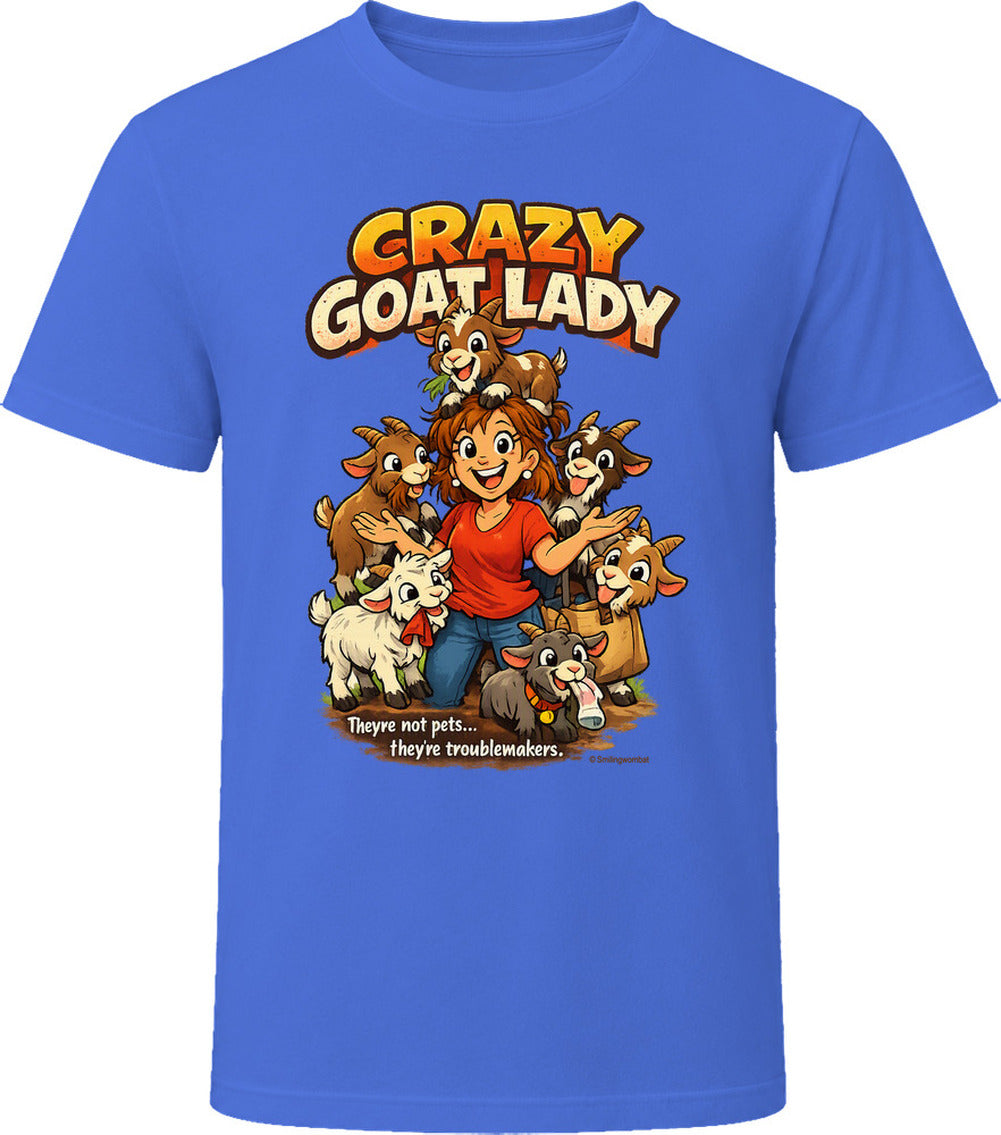 Royal blue Crazy Goat Lady T-shirt featuring a cartoon woman surrounded by six mischievous goats.