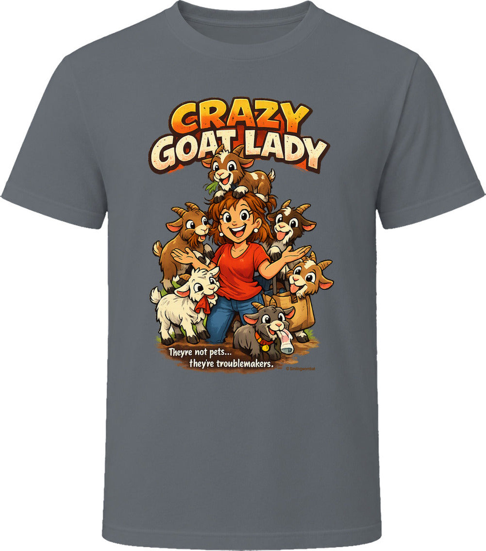  Charcoal Crazy Goat Lady T-shirt featuring a cartoon woman surrounded by six mischievous goats.