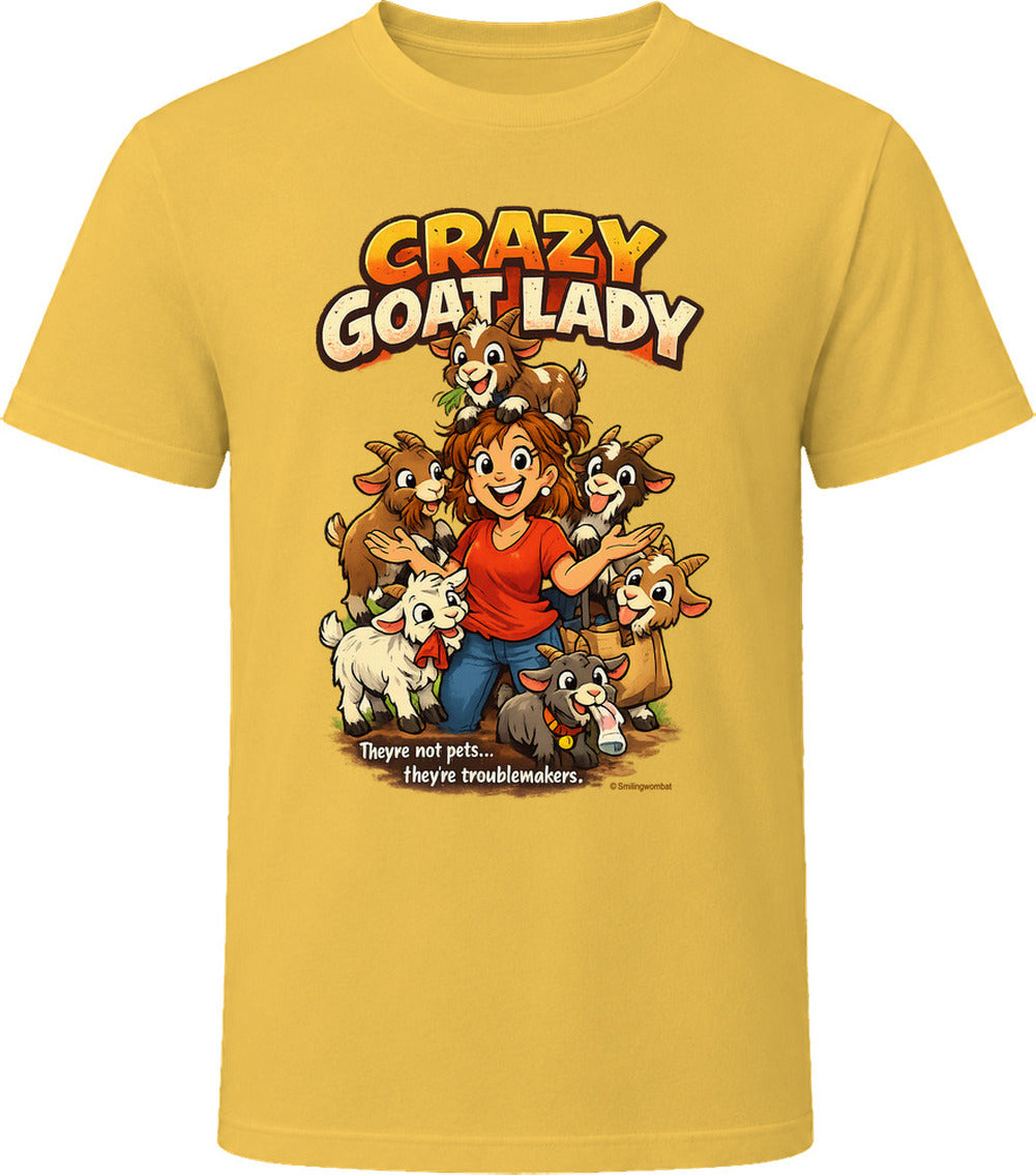  Daisy yellow Crazy Goat Lady T-shirt featuring a cartoon woman surrounded by six mischievous goats.