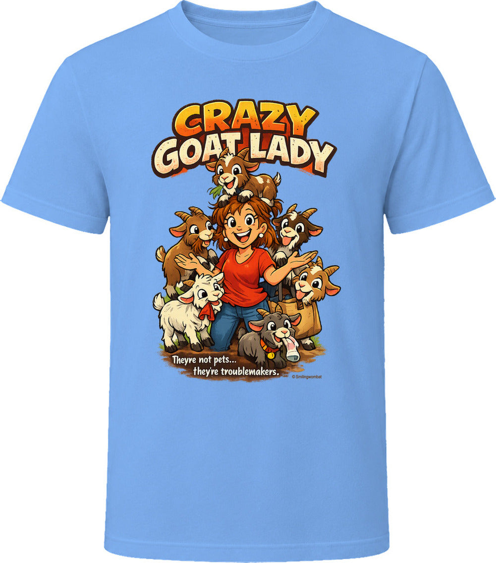  Light blue Crazy Goat Lady T-shirt featuring a cartoon woman surrounded by six mischievous goats.