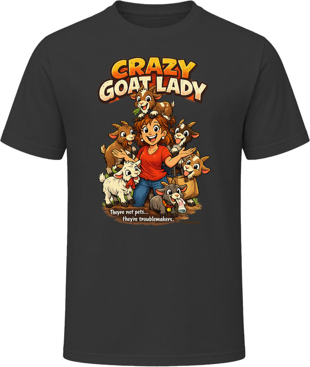 Black Crazy Goat Lady T-shirt featuring a cartoon woman surrounded by six mischievous goats.

