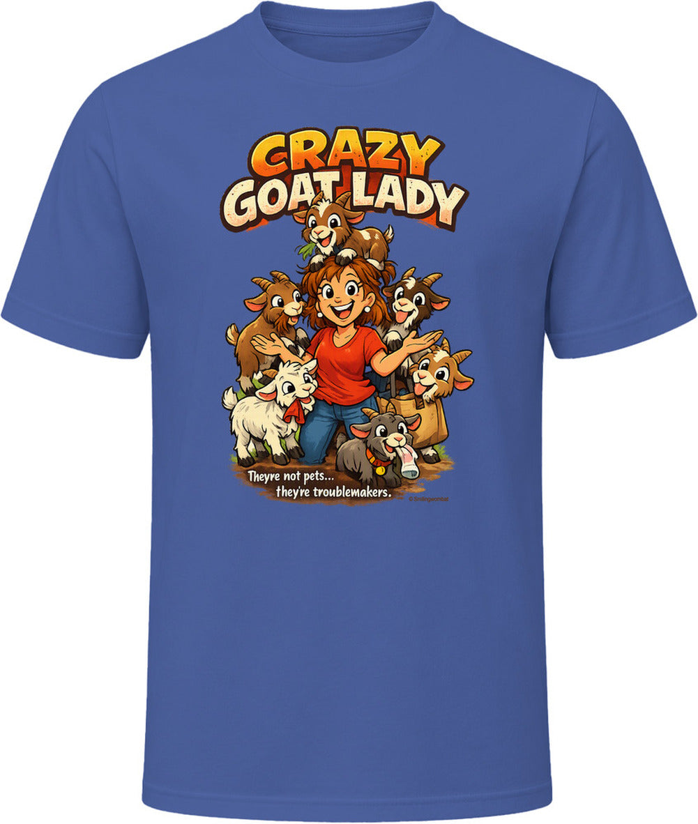 Navy Crazy Goat Lady T-shirt featuring a cartoon woman surrounded by six mischievous goats.