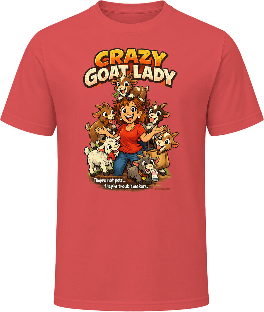 Red Crazy Goat Lady T-shirt featuring a cartoon woman surrounded by six mischievous goats.