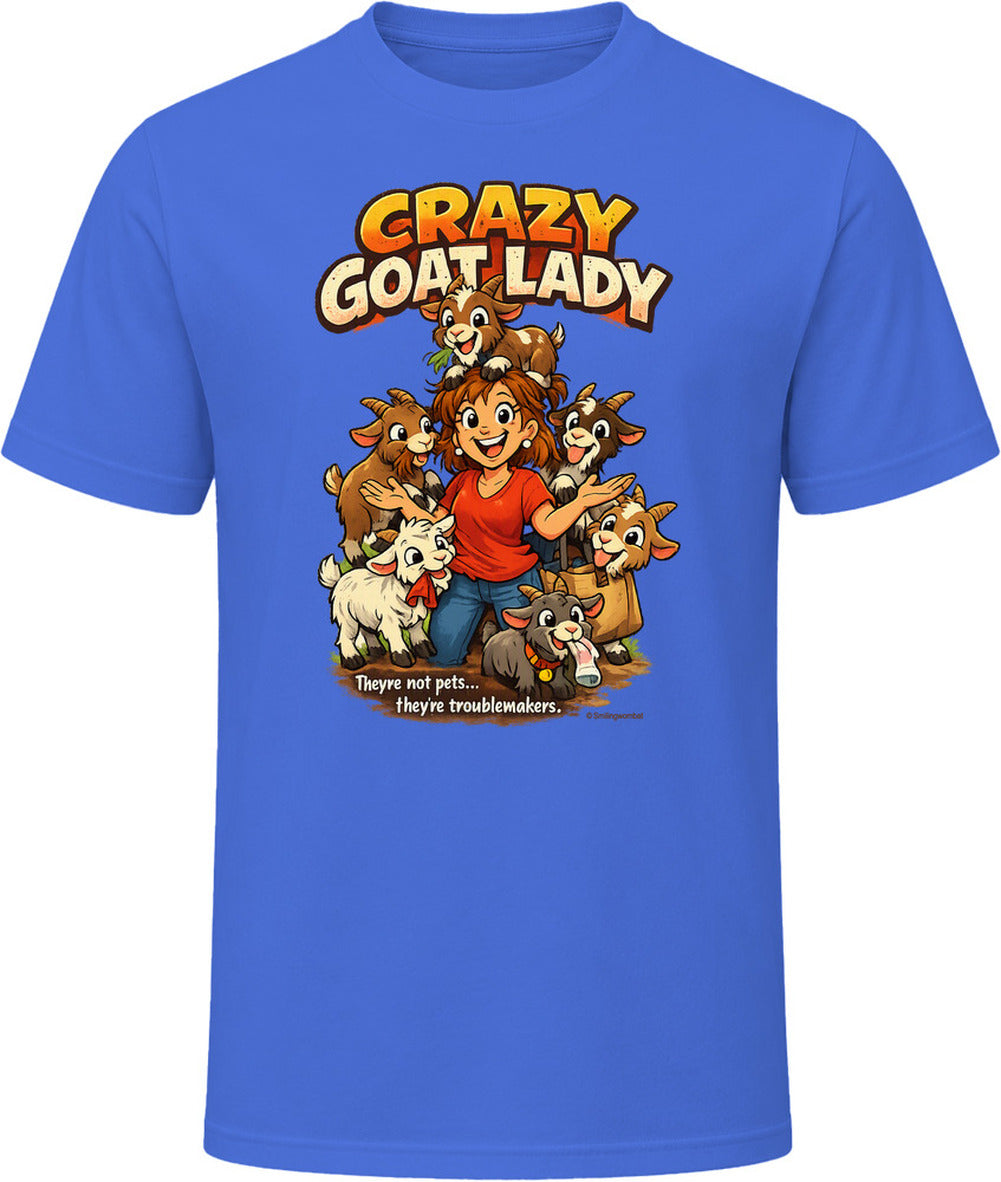 Royal blue Crazy Goat Lady T-shirt featuring a cartoon woman surrounded by six mischievous goats.