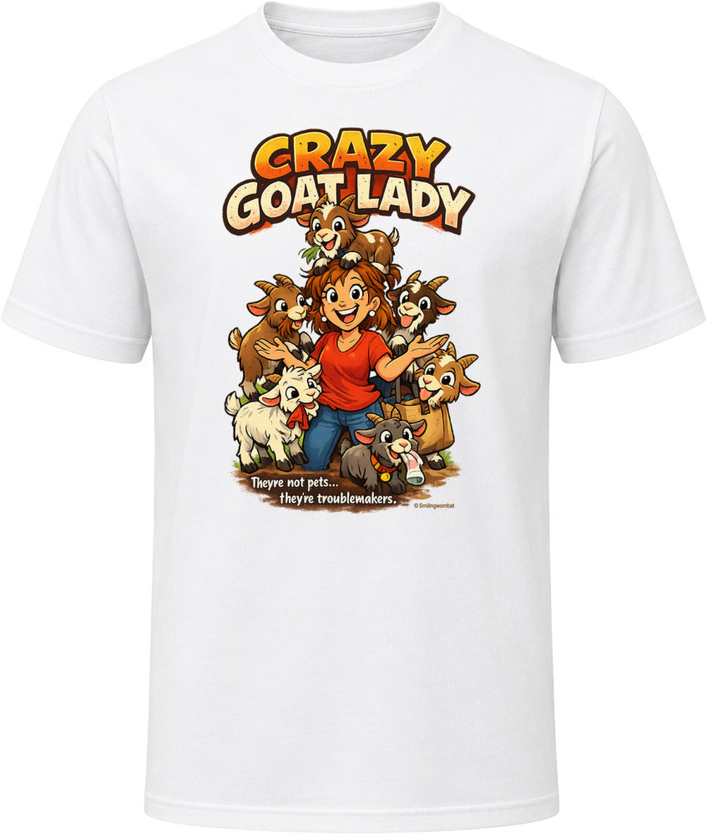  White Crazy Goat Lady T-shirt featuring a cartoon woman surrounded by six mischievous goats.