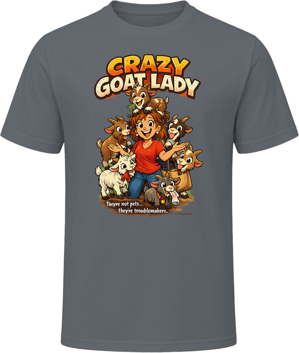  Charcoal Crazy Goat Lady T-shirt featuring a cartoon woman surrounded by six mischievous goats.