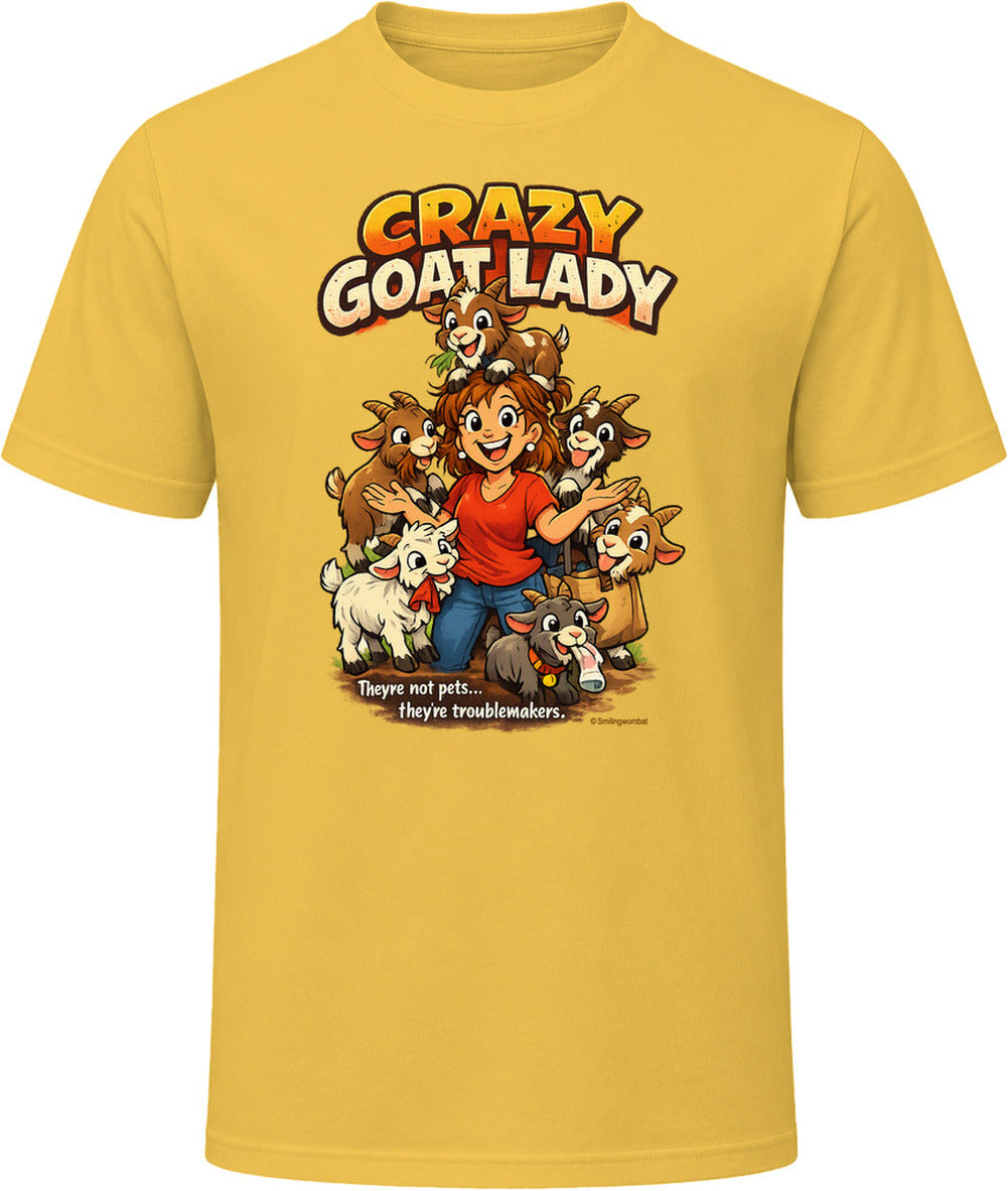 Daisy yellow Crazy Goat Lady T-shirt featuring a cartoon woman surrounded by six mischievous goats.