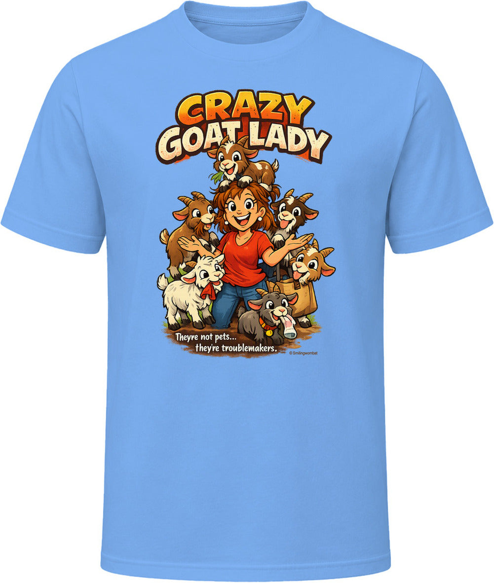  Light blue Crazy Goat Lady T-shirt featuring a cartoon woman surrounded by six mischievous goats.
