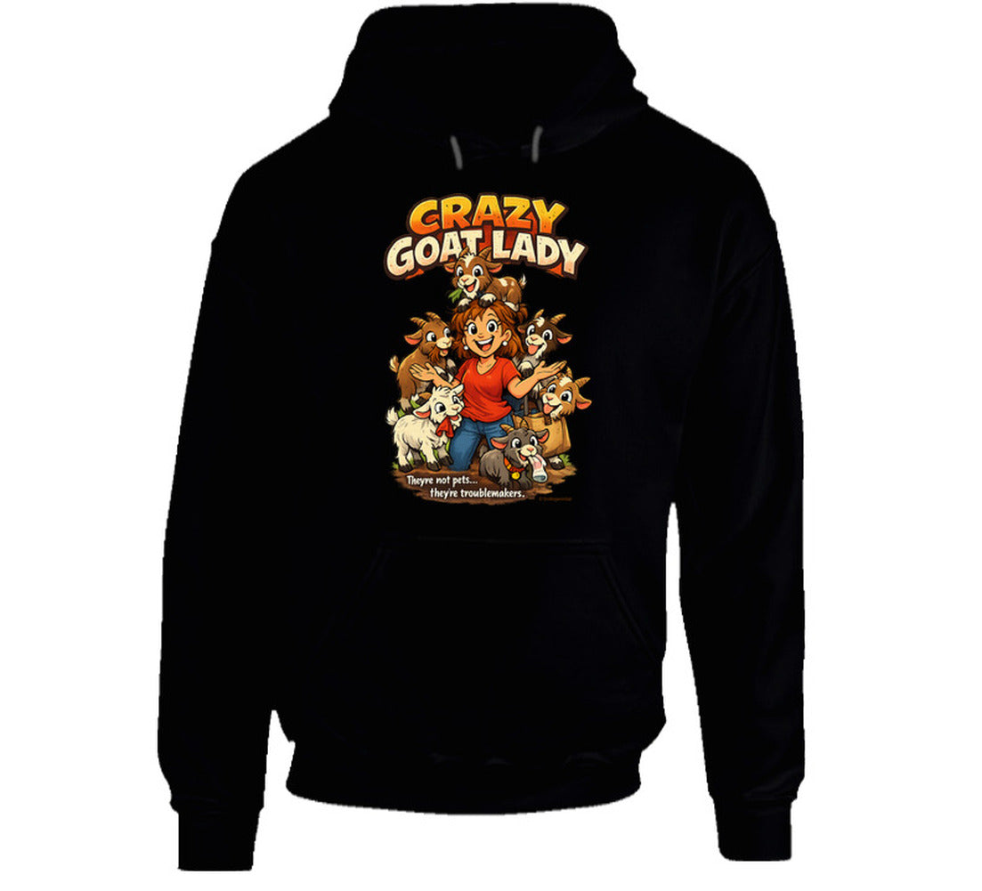 Black Crazy Goat Lady hoodie featuring a cartoon woman surrounded by six mischievous goats.