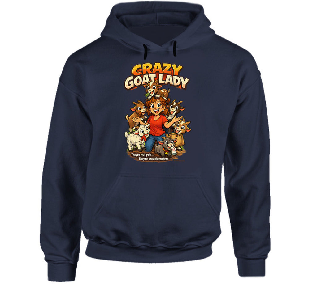 Navy Crazy Goat Lady hoodie featuring a cartoon woman surrounded by six mischievous goats.