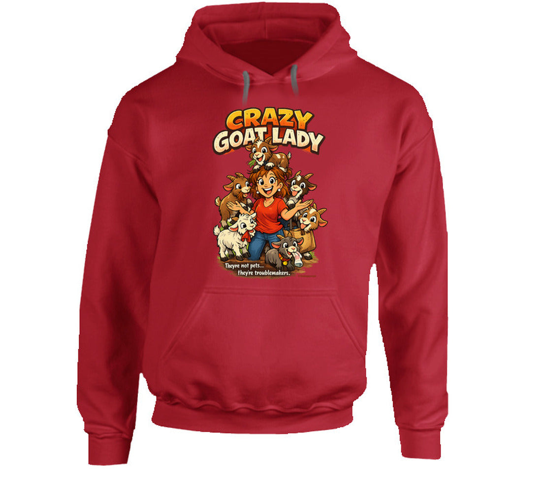 Red Crazy Goat Lady hoodie featuring a cartoon woman surrounded by six mischievous goats.

