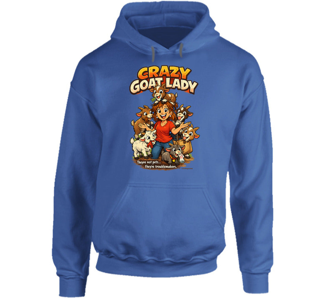 Royal blue Crazy Goat Lady hoodie featuring a cartoon woman surrounded by six mischievous goats.