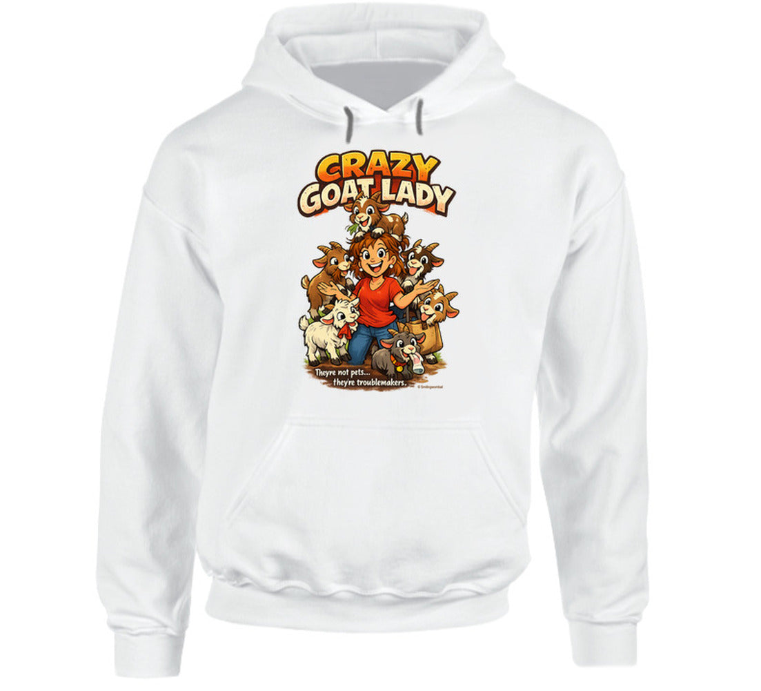 White Crazy Goat Lady hoodie featuring a cartoon woman surrounded by six mischievous goats.