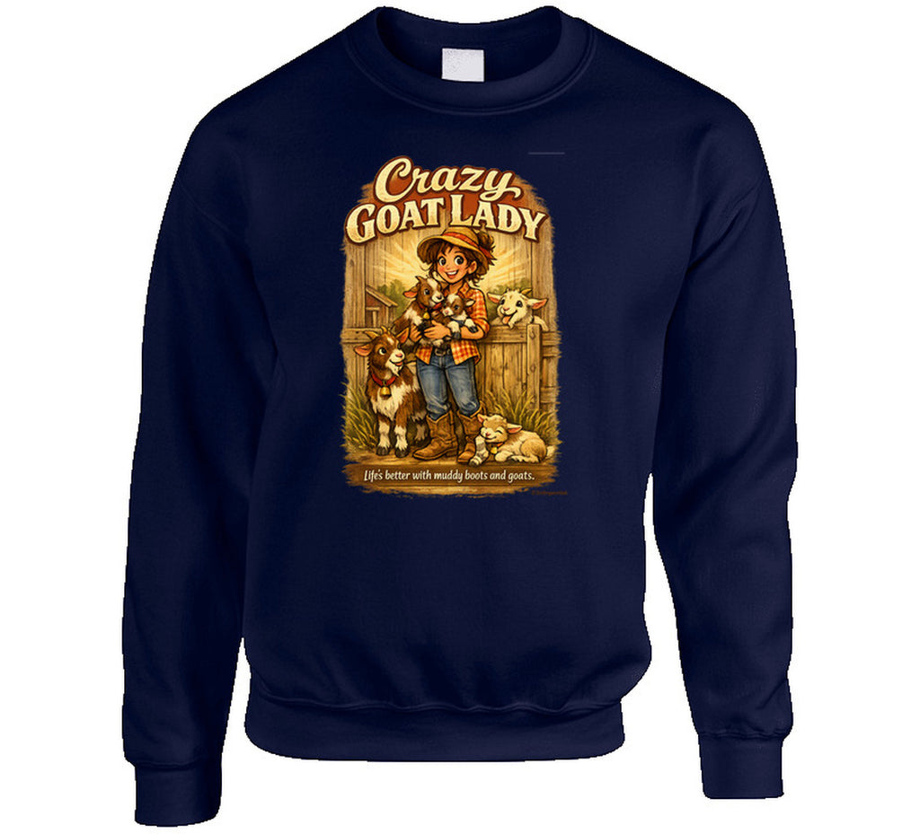 Navy Crazy Goat Lady crewneck sweatshirt with a woman holding baby goats in a rustic barn scene
