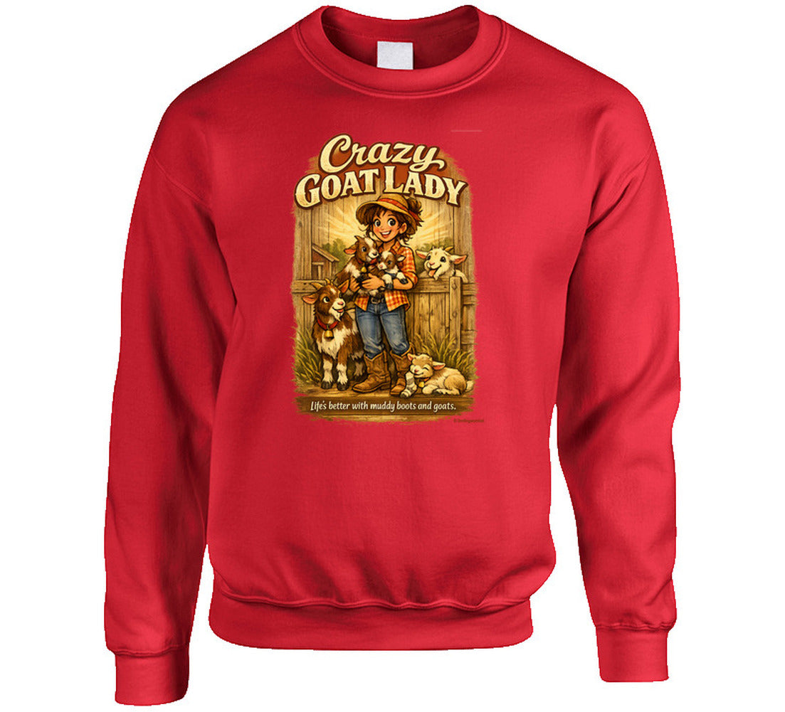 Red Crazy Goat Lady crewneck sweatshirt with a woman holding baby goats in a rustic barn scene
