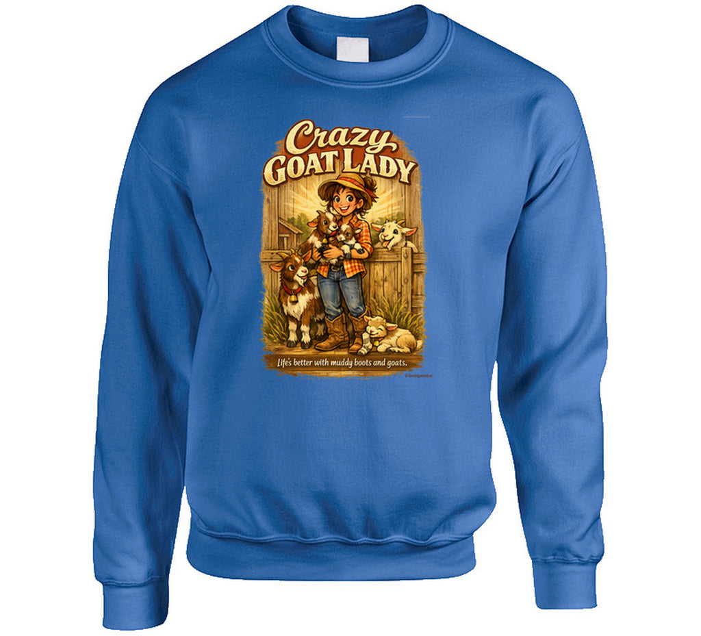 Royal blue Crazy Goat Lady crewneck sweatshirt with a woman holding baby goats in a rustic barn scene

