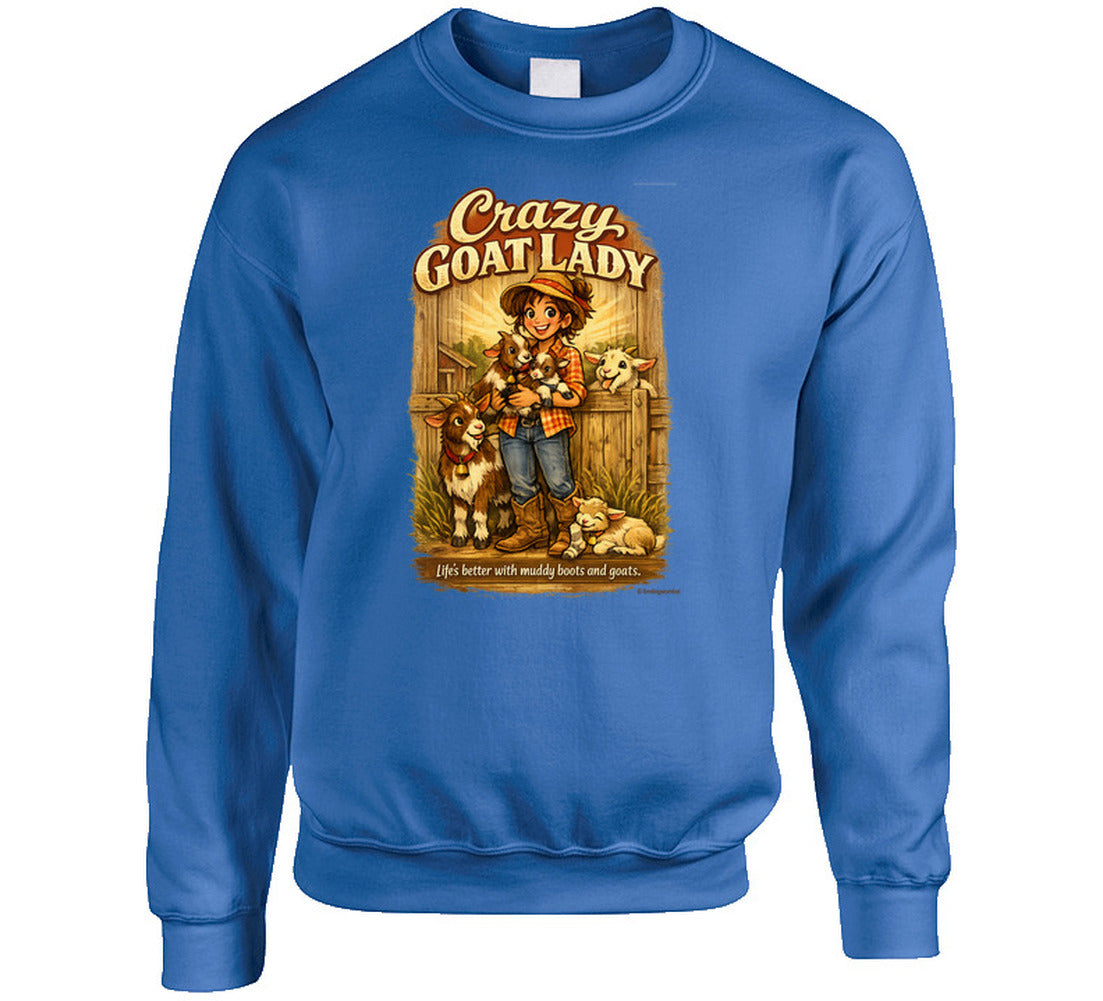 Royal blue Crazy Goat Lady crewneck sweatshirt with a woman holding baby goats in a rustic barn scene
