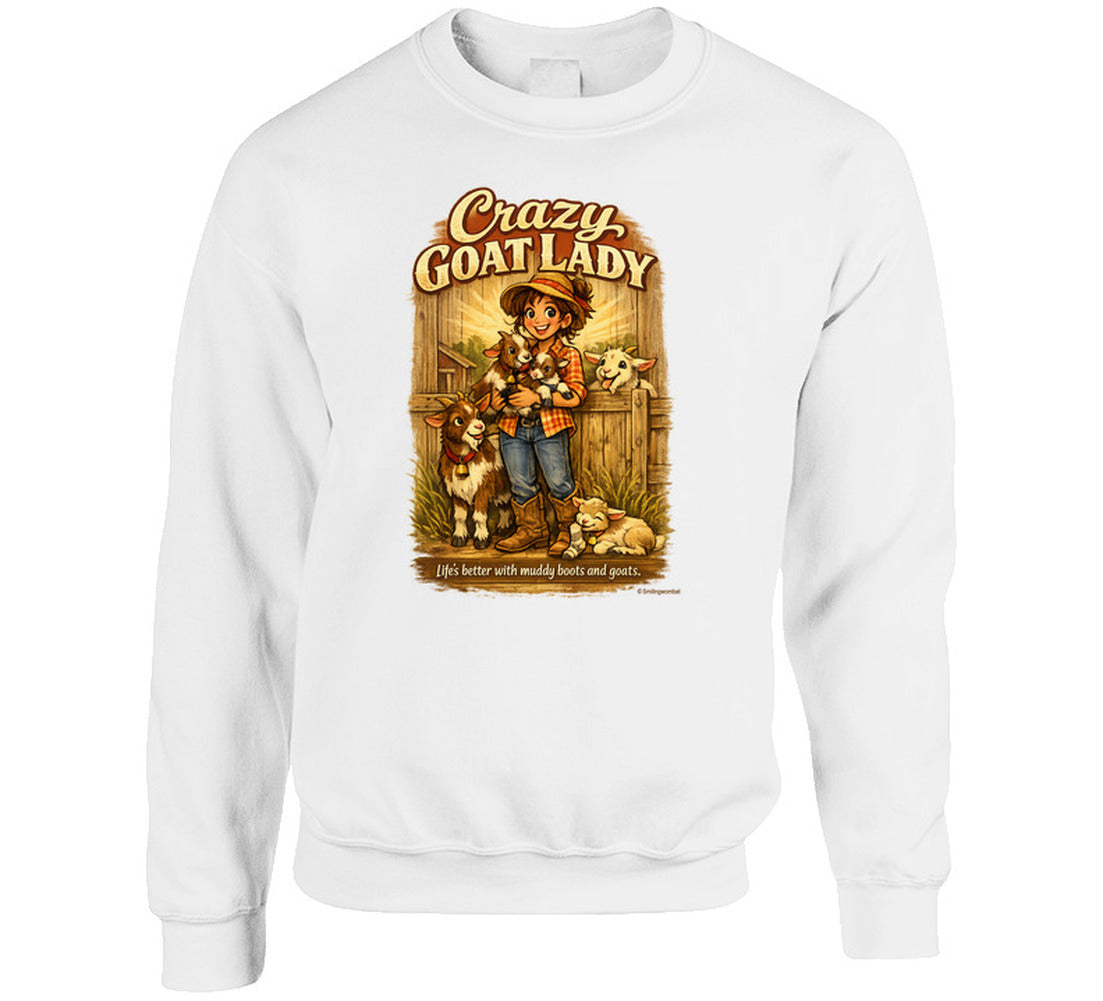 White Crazy Goat Lady crewneck sweatshirt with a woman holding baby goats in a rustic barn scene
