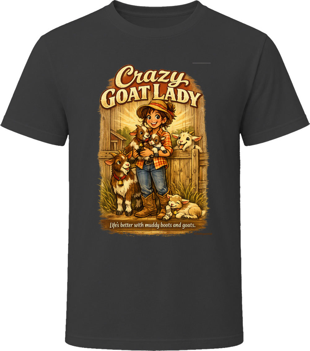 Black Crazy Goat Lady T-shirt with a woman holding baby goats in a rustic barn scene
