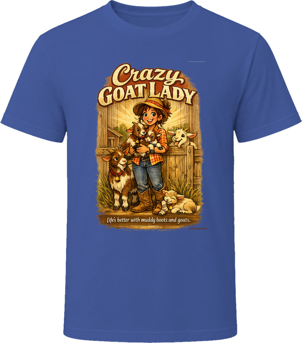 Navy Crazy Goat Lady T-shirt with a woman holding baby goats in a rustic barn scene
