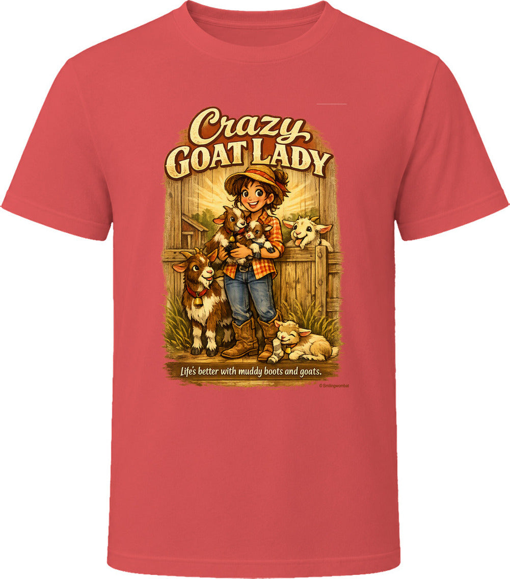 Red Crazy Goat Lady T-shirt with a woman holding baby goats in a rustic barn scene
