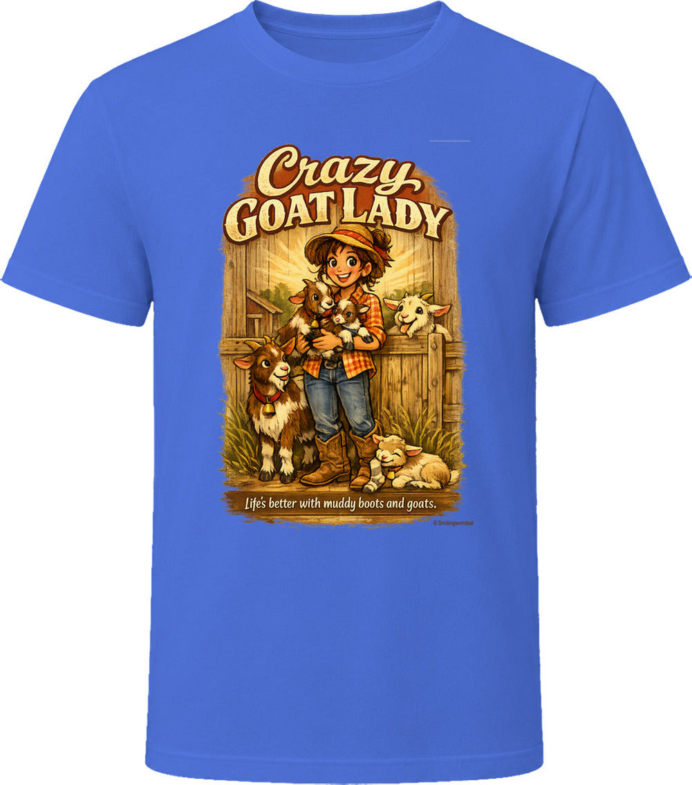 Royal blue Crazy Goat Lady T-shirt with a woman holding baby goats in a rustic barn scene