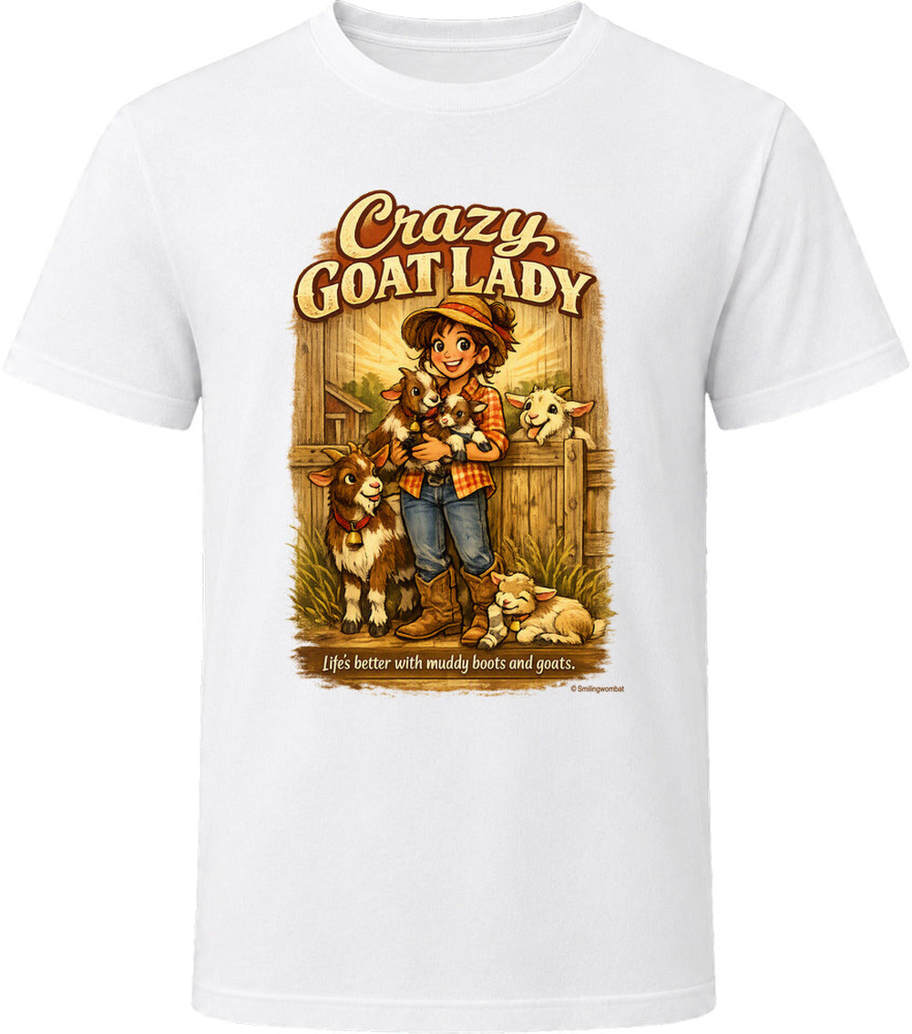 White Crazy Goat Lady T-shirt with a woman holding baby goats in a rustic barn scene
