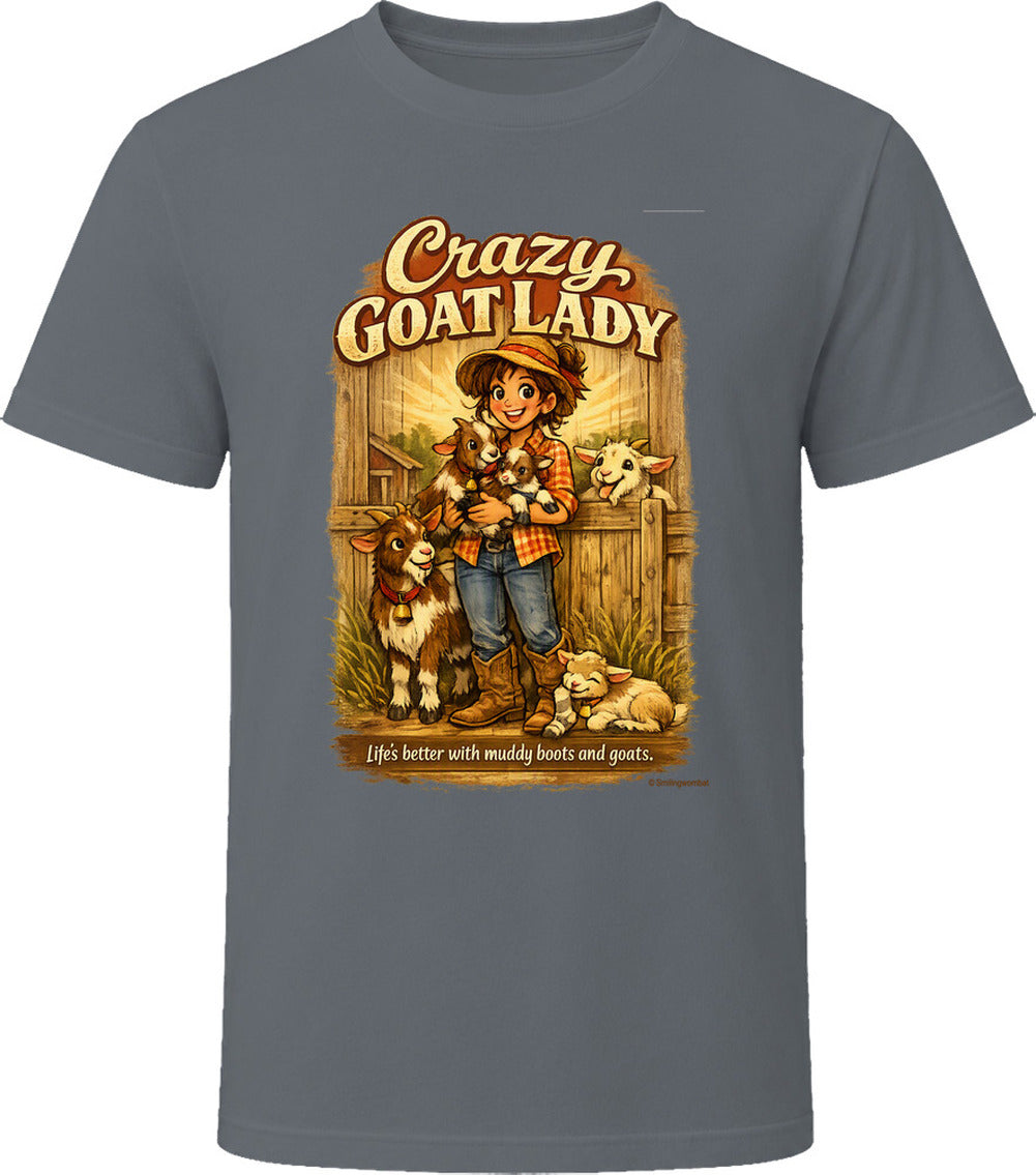 Charcoal grey Crazy Goat Lady T-shirt with a woman holding baby goats in a rustic barn scene
