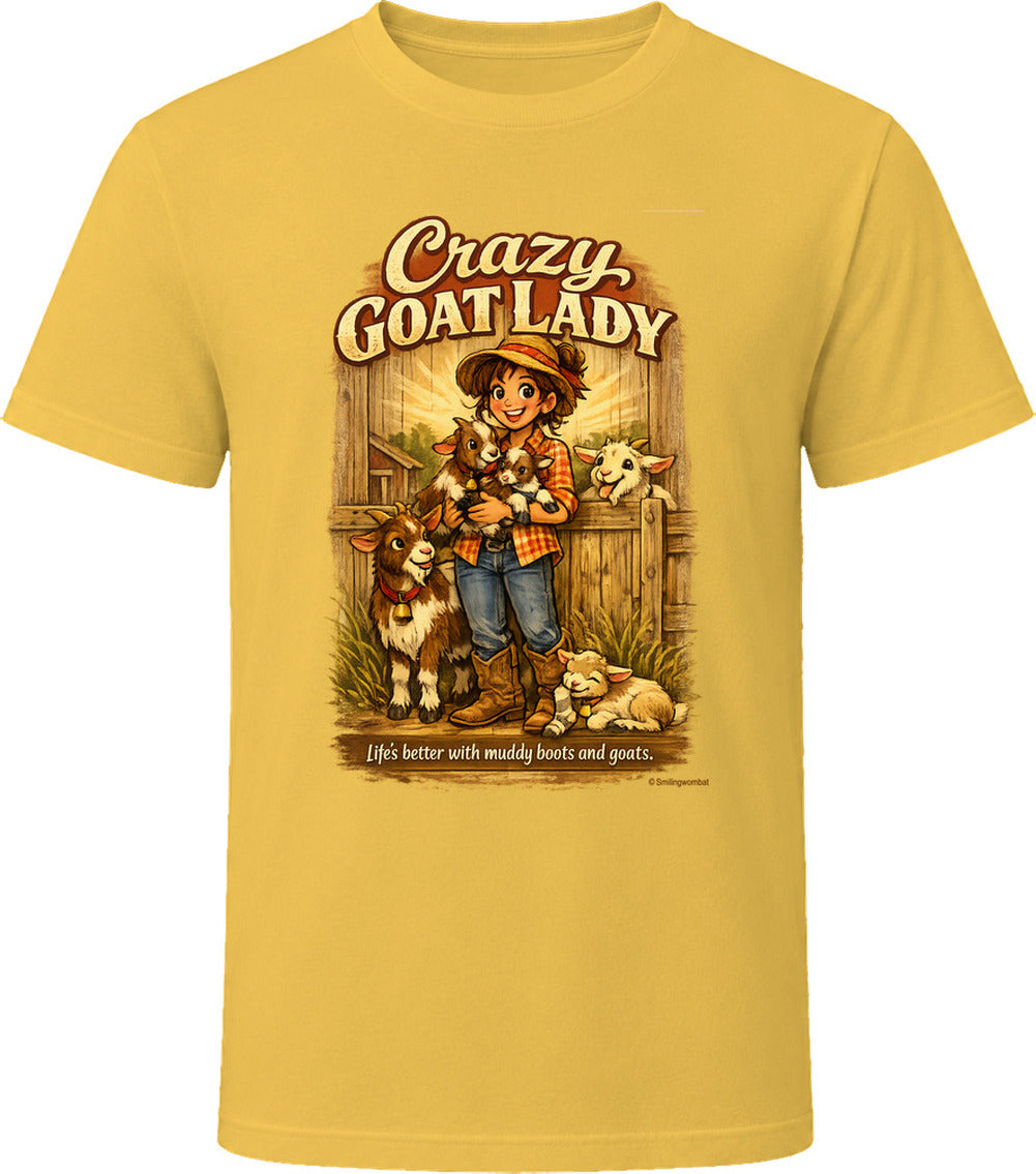 Daisy yellow Crazy Goat Lady T-shirt with a woman holding baby goats in a rustic barn scene
